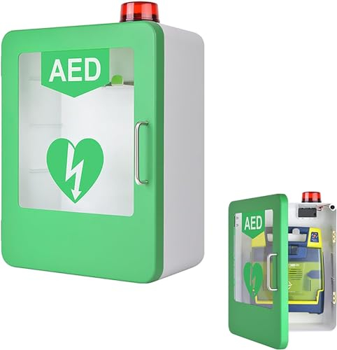 AED-Defibrillator-Aufbewahrungsschrank, wandmontierter Herzdefibrillator aus Kunststoff mit Alarm, Erste-Hilfe-Schrank, einstellbare Trennwandposition, Doppelschaltersteuerung, passend für meisten