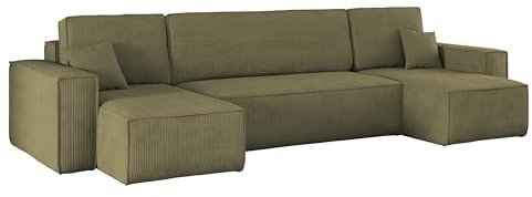 Kaiser Möbel, Ecksofa mit schlaffunktion, mit Bettkasten, Schlafsofa Best, Designer U-Form Sofa, Modern Design Couch, Polsterecke, Freistehend -Dicker Cord, Olive