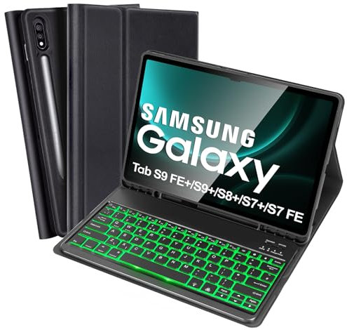 Backlit Keyboard Case for Samsung Galaxy Tab S10+/S9 FE+/S9+/S8+/S7+/S7 FE 12.4'', UK Layout, Slim Cover with Detachable Keyboard for Galaxy Tab S7 FE/S9 FE+/S9 Plus/S8 Plus/S7 Plus 12.4 Inch, Black
