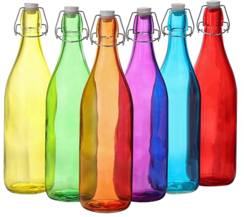simpa 1 Litre Traditional Vintage Style Glass Bottles with Swing Top Lids - Set of 6 Assorted Colour Bottles.