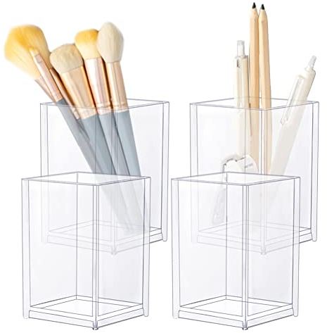 YAANBUNB 4 Pcs Acrylic Pen Holder Clear Makeup Brush Holder Square Pen Pot Desktop Pencil Cup Pencil Storage Basket Candy Box Stationery Organizer for School Home Office Desk Accessory, 6.5*6.5*10cm