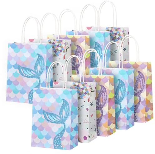 BBLIKE Geschenktüten mit Henkel - 10 Stück Meerjungfrauen Klein Papiertüten, Kraftpapiertüten mit Henkel, Mehrere Bunt Mitgebsel Tüten Set Geeignet für Hochzeit, Geburtstag und Geschenke