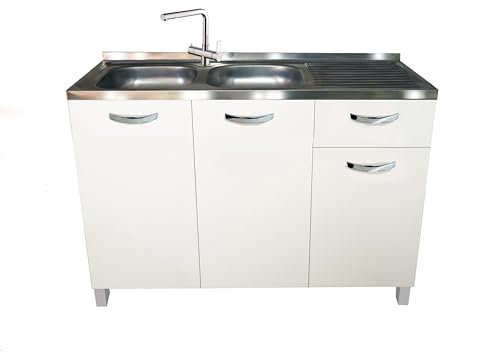 MABEL Meuble de cuisine avec tiroir blanc, organisateur en bois mélaminé avec évier de support en acier, baignoires à gauche avec égouttoir - L 120 cm x P 50 cm x H 83,5 cm