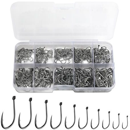 500PCS Fishing Hooks in 10 Sizes, No.3-No.12 Carbon Steel Barbed Circle Eyed Hooks Fishing Sea Fish Eyeless Hooks Carp Fishing Tackle with Compartment Box for Saltwater Freshwater Fishing Accessories