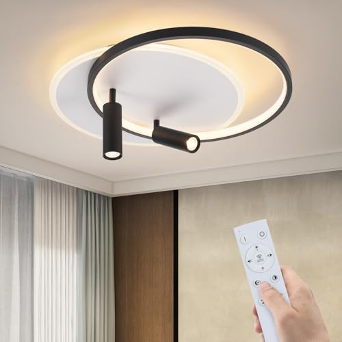 GBLY Deckenlampe LED Deckenleuchte Schlafzimmer Wohnzimmerlampe Dimmbar | 52W mit 2 Deckenstrahler Schwarz mit Fernbedienung Modern Acryl Schlafzimmerlampe Küchenlampe Rund für Haus Küche