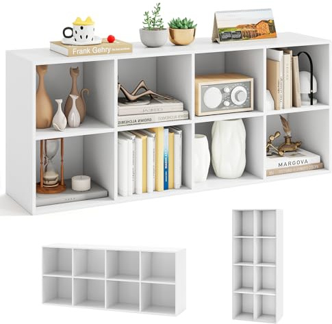 KOMFOTTEU Libreria Scaffale con 8 Cubi, Libreria Legno con 2 Dispositivi Antiribaltamento, Mobile Contenitore per Soggiorno, Camera da Letto, Ufficio, 121,5 x 29 x 61 cm (Bianco)
