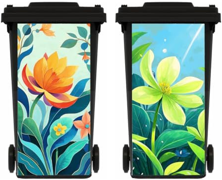 ZENZDS 2 Sheets Wheelie Bin Stickers Flowers Self Adhesive Dustbin Sticker Decorative Decal for House Decoration, Fridge, Bins Wall, Outdoor Indoor