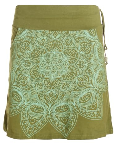 Vishes Alternative Bekleidung - Damen Mini-Rock Baumwolle Mandala-Muster extra breiter Bund mit Kordel-Zug und Taschen Olive 40