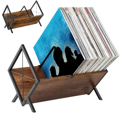 Porta Vinili, 40 x 22 x 30,5 cm Supporto per Dischi in Vinile in Ferro e Legno Massello con Divisorio Regolabile Organizer per CD Album Libri e Fascicoli con Design Aperto per Amanti Della Musica