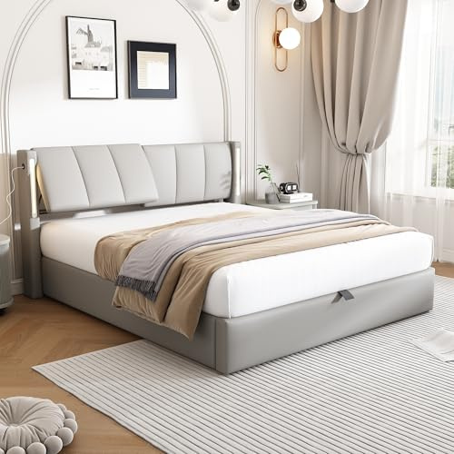 BTM Upholstered Super King Size Bed, 6ft (180x200cm) Super King Size Bed with Storage & Hydraulic Lift, USB Charging Ports, Adjustable Headboard & LED Lighting, PU, Grey, No Mattress