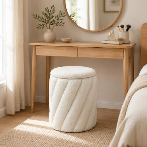 Hometopia Sitzhocker mit Stauraum, rund im Spiral-Design in Weiß | Teddy Stoff, Schminktisch Stuhl & Pouf, vielseitig für Wohnzimmer & Schlafzimmer, weich, stabil, pflegeleicht, modern