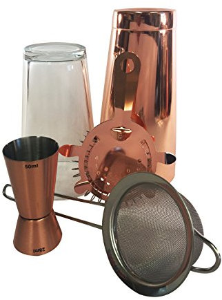 5 Piece Rose Gold Pro Set Boston Cocktail Shaker 28oz Tin, Standard 16oz Boston Glass, Rose Gold 4 Prong Strainer, Fine Strainer and Rose Gold Jigger 25/50ml Professional Bartender Kit