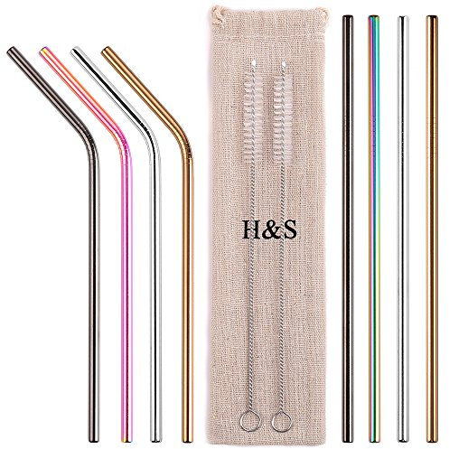 H&S Paille en Métal Réutilisable pour Boissons - 8pcs - Set de Pailles Réutilisables Multicolores en Inox - 2 Brosses & 1 Sachet - Paille Metallique Ecologique en Acier Inoxydable