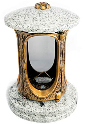Stilvolle Grablaterne Elégant Granit Viscont White Höhe 23 cm/Ø 15 cm Grableuchte Grablicht Grablampe Granitlampe Granitlaterne Bronze mit Sockel Grabschmuck
