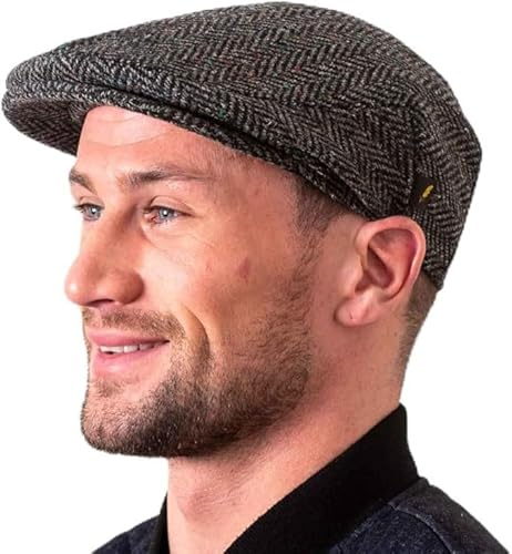 Hatman of Ireland Authentische Tweed Flachkappe für Herren 100% Donegal Tweed Fischgrätenmuster handgefertigt Hergestellt in Irland