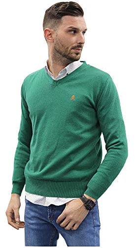Jersey de Hombre Cuello Pico de Algodon Manga Larga de Marca Modelo Basico para Vestir Punto Fino (Verde Botella, XXL)