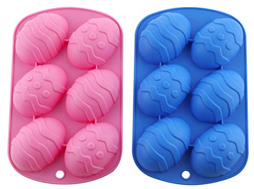 SHINsuke 2 moldes de huevo de Pascua, molde de silicona para hacer bombas de chocolate calientes, pasteles, gelatina, pudín, jabón hecho a mano, hornear, forma de huevo, antiadherente, azul y rosa