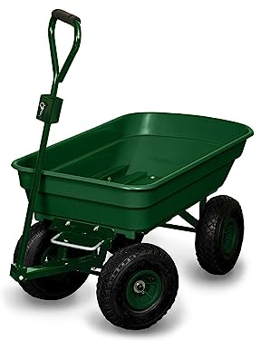 Chariot de Jardin 4 Roues 120 Kg - Benne Basculante 52 L - Fonction Brouette Jardin - Chariot Remorque avec Attelage Tracteur Tondeuse - Capacité Basculée 80 Kg - Pneus Gonflables Profilés 23 cm