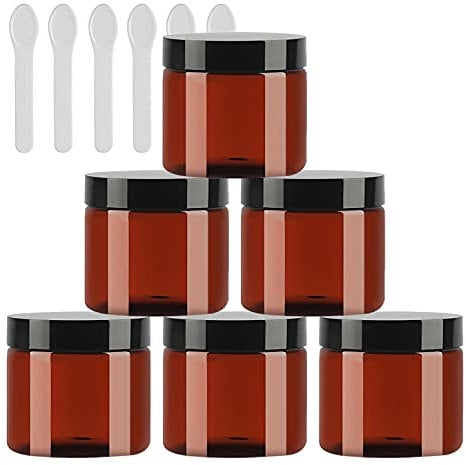 TIANZD 6 Pieces Empty 50ml Brown Plastic Cosmetic Jars with Black Screw Lid 50g Small Pot for Cosmetic Travel Homemade Cream Gel Lip Balm Salve Storage Containers+ 6x Spatula