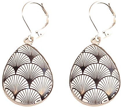 Boucles d'oreilles dormeuse goutte, géométrie japonaise noir et blanc, acier inoxydable argent