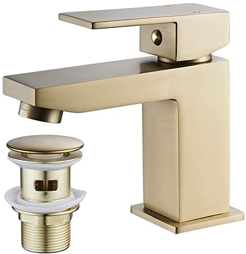 Luckyhome Brushed Gold Basin Mixer Tap with Pop up Waste,Washroom Square Single Lever Chrome Brass Mixer Tap