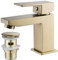 Luckyhome Brushed Gold Basin Mixer Tap with Pop up Waste,Washroom Square Single Lever Chrome Brass Mixer Tap