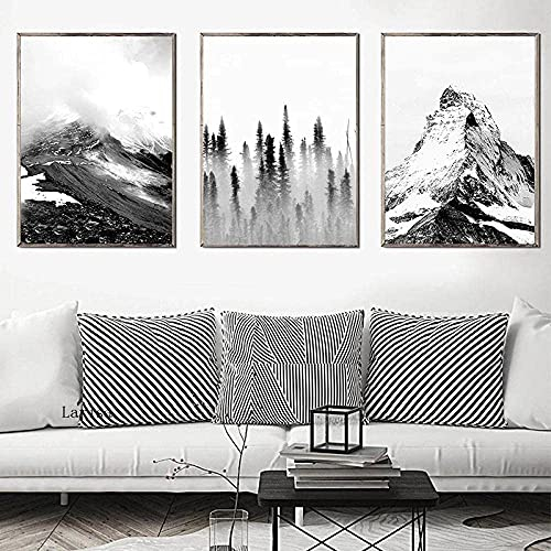 Artwork Painting 3-teiliges Poster, 50 x 70 cm, ohne Rahmen, Schwarz-Weiß, Poster, Schnee, Berge, Nebel, Wald, Landschaft, Wandkunst, Bild für Wohnzimmer, Heimdekoration