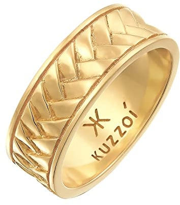 Kuzzoi Herrenring poliert, Bandring massiv (7 mm) in 925 Sterling Silber vergoldet, Herren Schmuck Accessoire mit Fischgräten Struktur, Goldener Ring für Männer, Ringgröße 54, 0611111921_54