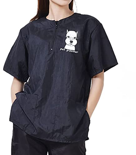 WAYUTO Kurzärmeliger Haustierpflege-Kittel mit Reißverschluss, Hundepflege, Arbeitskleidung mit 2 Taschen, Haustierpflege, Arbeitskleidung für Tierläden, Herren, Damen, Schnauzer, Größe XL