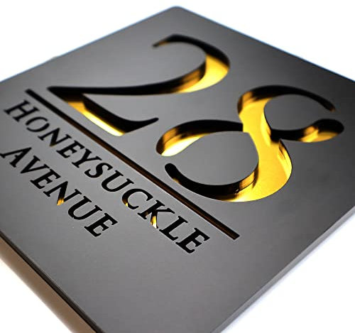 K Smart Sign | Bellissima S1 | 180mm x 180mm | Matt Black & Gold Mirror 3d Laser Cut Contemporary house sign door number plaque address signs