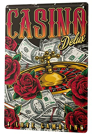 Blechschild Retro - Vintage Metall-Poster für den Partykeller - Casino Geld Rosen Motiv - 30 x 40 cm