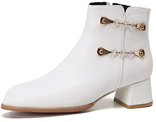 Smilice Stivali da donna con tacco basso a blocco eleganti con cerniera stivaletti corti, bianco, 47 EU