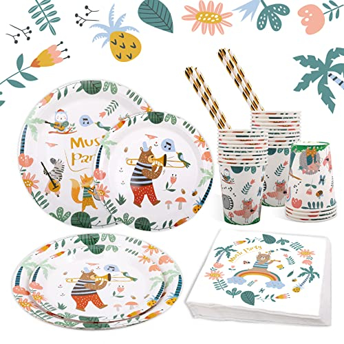Vaisselle Anniversaire 101pcs Animaux Vaisselle Anniversaire de Fête pour Enfants Party Vaisselle avce des Assiettes Tasses Serviettes Fanions Paille pour Fête Baby Shower, 20 Invités