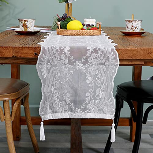 EXQUILEG Tischläufer Weiße Spitze – Vintage-Design Weiß Blumenmuster für rustikale Chic für rustikale Boho Hochzeit Dekor Braut & Baby Dusche Dekoration Vintage Bauernhaus Tabletop Dekor (33 * 160cm)