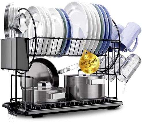 JUPPLIES Escurreplatos Acero Inoxidable para Fregadero con Soporte para Utensilios Extraíble, Portavasos y Estante de Secado - Escurridor de Platos Función de Drenaje Automático - Escurre Platos