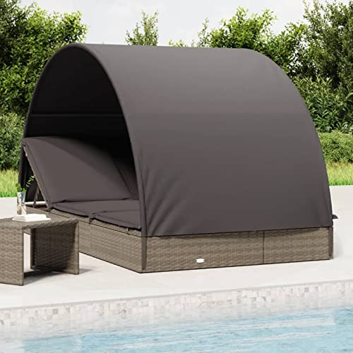 Festnight Sonnenliege 2 Personen mit Dach Gartenliege Doppelliege Outdoor Rattan Liege Garten Liegestuhl Sonnenbett Loungebett Polyrattan Relaxliege Gartenmöbel Sofabett mit Sonnendach, Grau