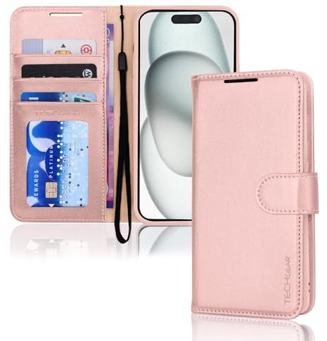 TECHGEAR iPhone 15 Plus Leather Wallet Case, Flip Protective Case Cover with Wallet Card Holder, Stand and Wrist Strap - Pink PU Leather with Magnetic Closure Designed for iPhone 15 Plus 6.7