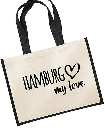 Huuraa Jutetasche Hamburg my love Präsent Shopper Einkaufstasche Black 21 Liter Jute und Baumwolle Hamburg Geschenkidee