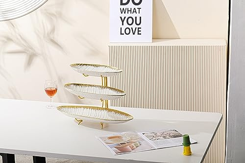 3-Teilig Etagere mit Ständer zum Servieren Schale aus Porzellan Weiß-Gold groß Motiv 2