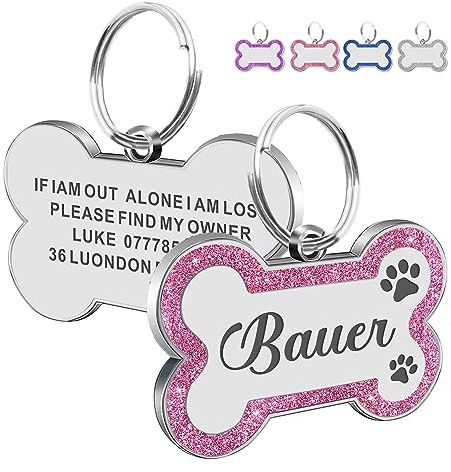Dog Tags Personalized for Pets Dog Name Tags Personalized Dog Tag Engraved with Any Name & Text Custom Dog ID Tags Glitter Bone ID Tag for Puppy Cat (Pink S, Bone)
