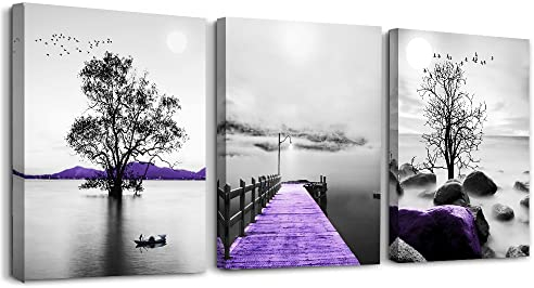 MHARTK66 Tableau Noir et Blanc, Tableau Decoration Murale Salon Moderne Violet Grand Arbre lac Paysage Impression Sur Toile, Chambre Salle De Bain Cuisine Bureau