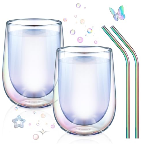 glastal Double Walled Cocktail Glasses 350ml Glass Coffee Mugs Set of 2 Colourful Wine Coffee Tea Gin Latte Macchiato Glasses Cups Mothers Day Birthday Valentine's Day for Women Girls Ladies Gifts
