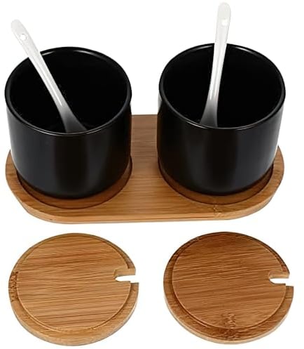 Yhuasia Zuckerdose mit Deckel, Salzdose, Keramische Dose mit Aufgesetztem Löffel und Deckel aus Bambus (Zwei Schwarze)
