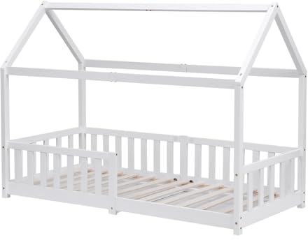 Homeke Pine Wood House Bed for Kids with Guardrail,Decorative Floor Bed, 3FT Single Bed Frame for Children Girls and Boys (white)