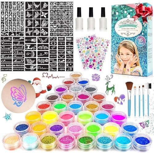 Glitzer Tattoo Set Kinder, Temporäre Glitzertattoos Set, Kindertattoos Spielzeug Geschenke für 6 8 10 12 jahre- 36 Farben, 182 Schablonen, 215 Strasssteine, Geschenke für Kindertag, Geburtstag,Partys