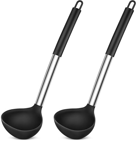 Herogo Set di 2 mestoli in silicone, mestolo da 31 cm, con manico in acciaio inox, cucchiaio grande per zuppe, resistente al calore e antiaderente, facile da pulire, nero