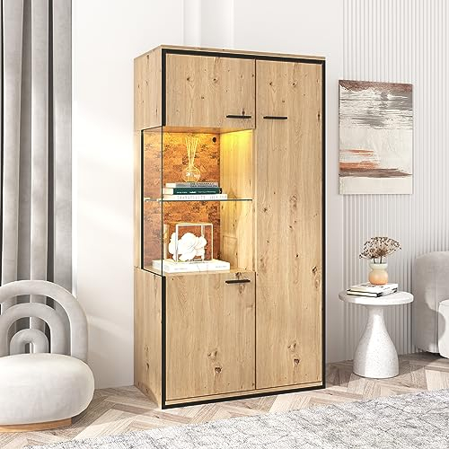 Merax Vitrine mit LED-Lichtern, Vitrinenschrank mit Großer Stauraum, Glasvitrine mit Mehrzweckregale, Modern Standvitrine für Wohnzimmer Büro Esszimmer, Eiche, 150H x 78B x 40T cm