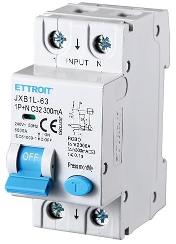 ZOREI Interruptor magnetotérmico diferencial, 1P + N 300 mA 6 KA 220 V, ocupa 2 módulos DIN (1P+N 32 A 6 KA 300 mA)