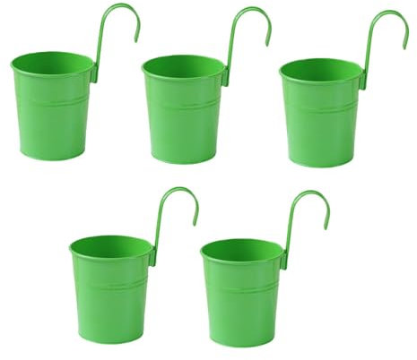 XZJMY 5 Stück hängende Blumentöpfe Metall Eisen Eimer Pflanzgefäß Metall Eimer Blumenhalter mit Haken Indoor Outdoor Dekor für Geländer Zaun Balkon Garten (Dunkelgrün)