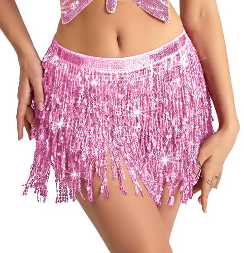 Baisdan Gonna con Paillettes Nappe, Gonna Danza del Ventre per Festival Club Rstate Spiaggia Mini Gonne Rosa